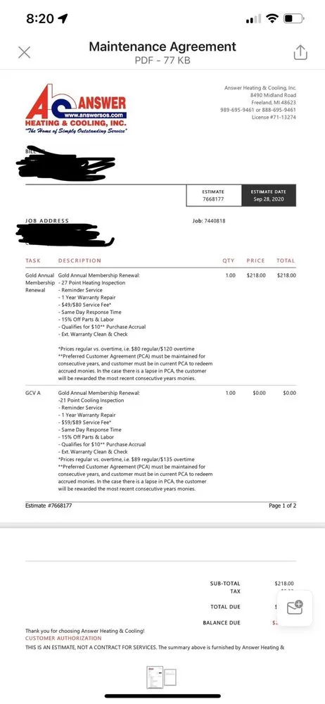 Slide of Answer Heating & Cooling Inc