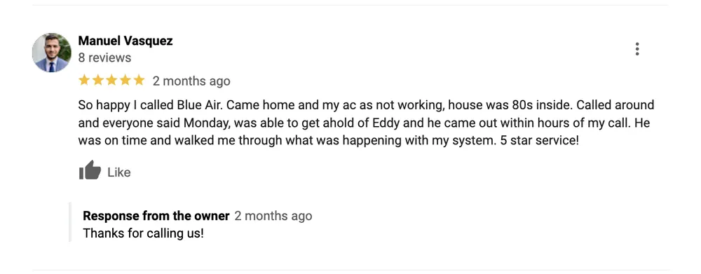 Slide of Blue Air Heating Cooling