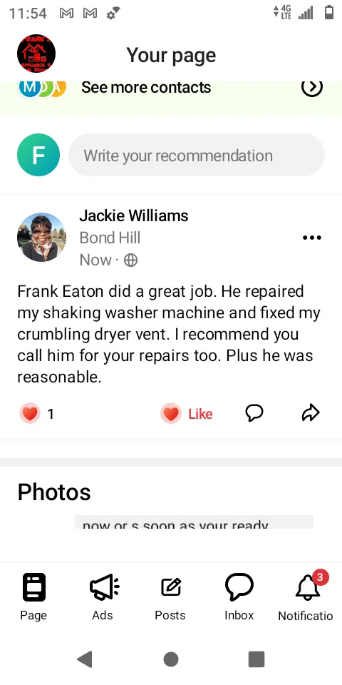 Slide of Frank's appliance and home repairs