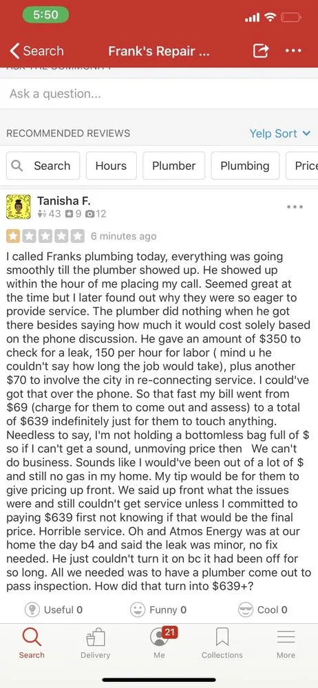 Slide of Frank’s Repair Plumbing