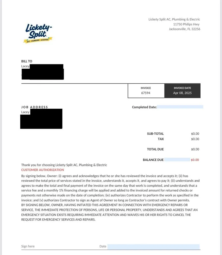 Slide of Lickety Split AC, Plumbing & Electric