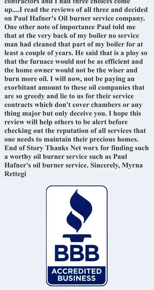 Slide of Paul Hafner Oil Burner Service