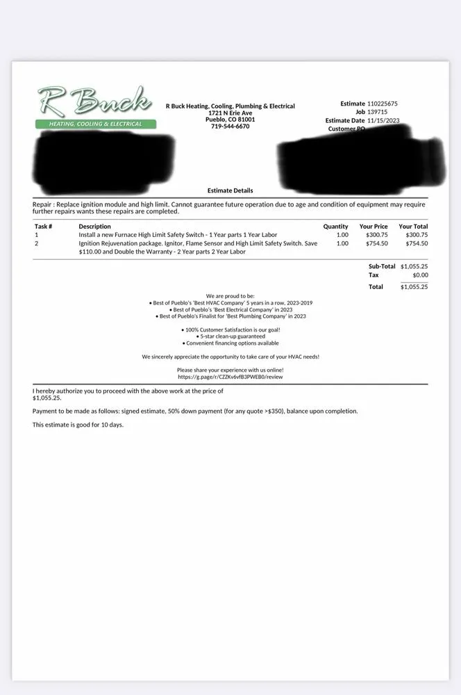 Slide of R Buck Heating, Cooling, Plumbing & Electrical