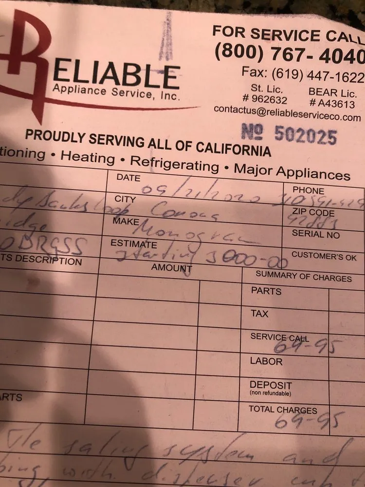 Slide of Reliable Appliance Service