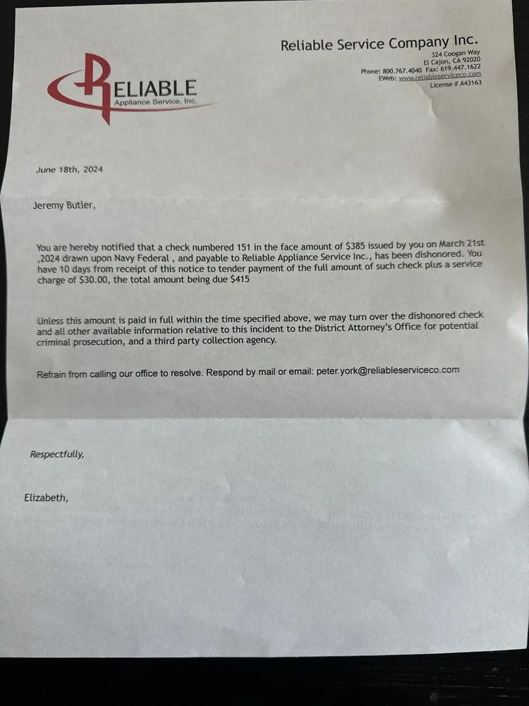 Slide of Reliable Appliance Service