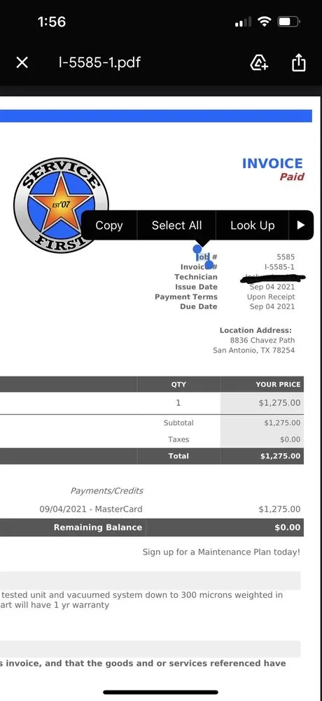 Slide of Service First AC and Heating